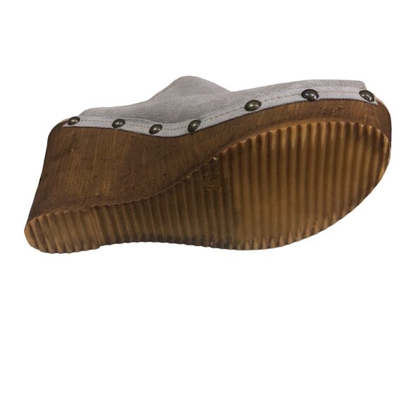 Sbicca Gray Suede Peep-Toe Fringe Wedge Sandals 5” Wooden Heel Size 10 M Boho - Picture 6 of 16